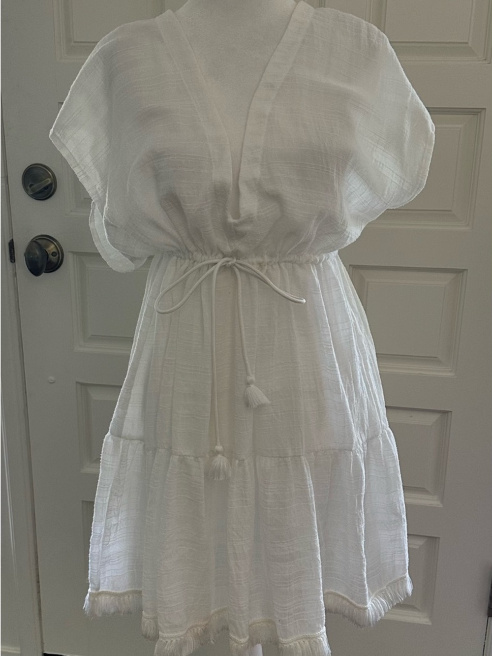 Robin Piccone White V-Neck Tiered Drawstring Waist Swim Coverup Dress